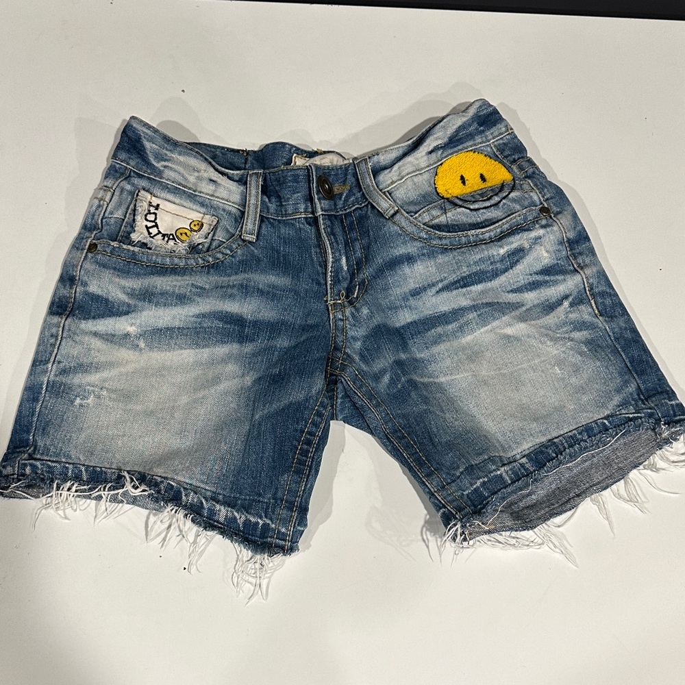 Lolita If Six Was Nine Blue Denim Distressed Shorts with Patches Smiley